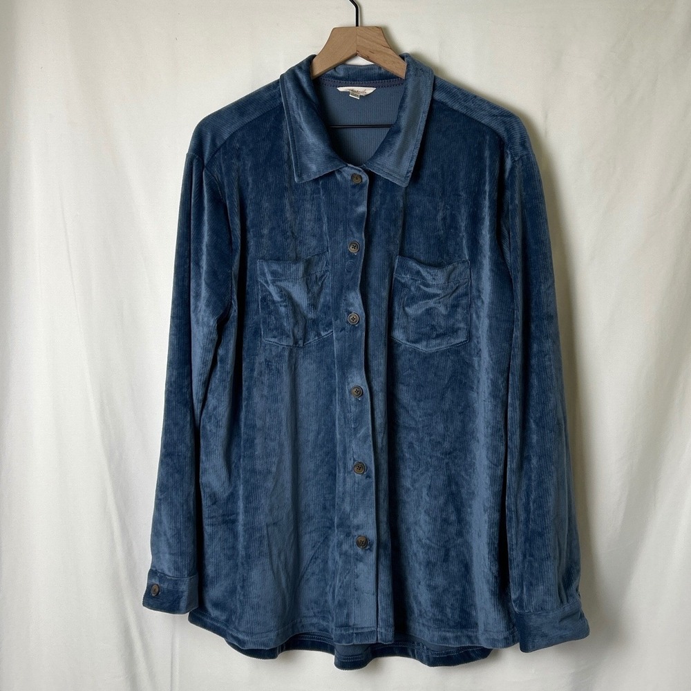 Weatherproof Vintage Women Ribbed Corduroy Button Down Shirt Size XL Blue Velour